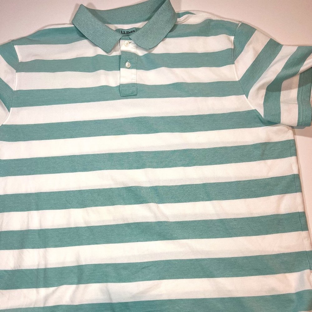 L L Bean Slightly Fitted Men's Polo Short Sleeve Stripped Green White XXL